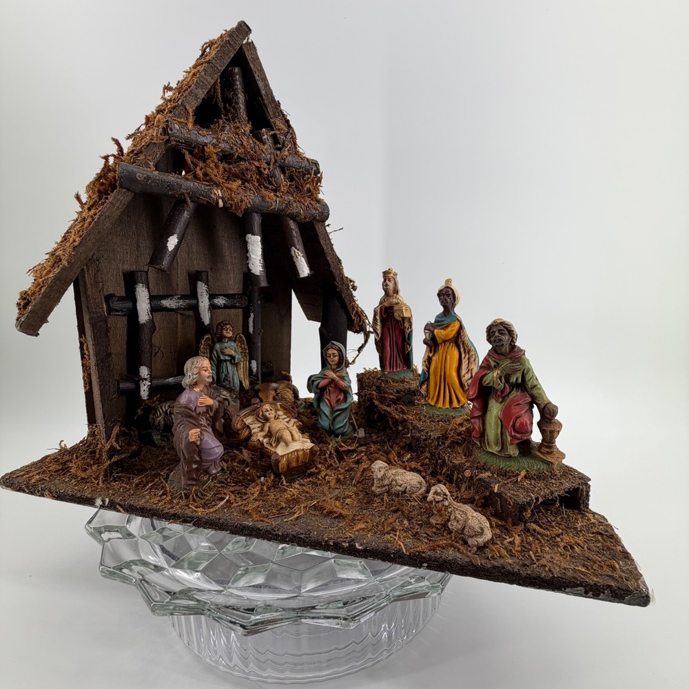 Vintage Nativity Scene 11 Piece Christmas Stable Figures Angel Baby Jesus‎